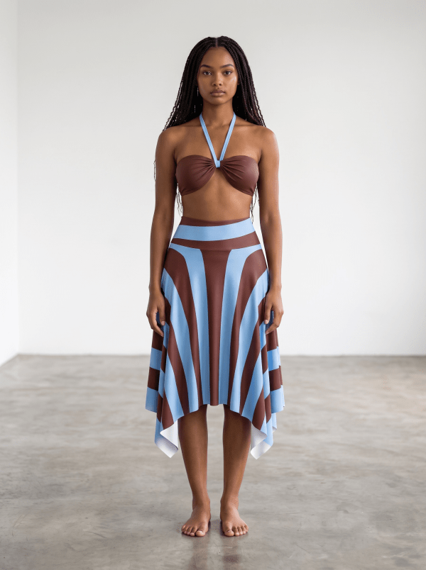Cocoa Wave Halter Bikini Top & Asymmetrical Midi Skirt Set - Brown & Sky Blue