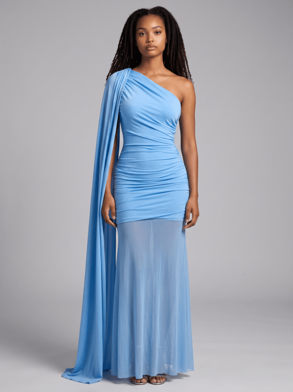 Celeste One-Shoulder Draped Cape Gown - Sky Blue