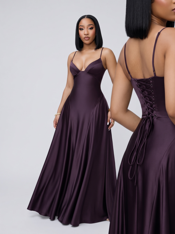  Satin Corset A-Line Gown - Deep Plum 